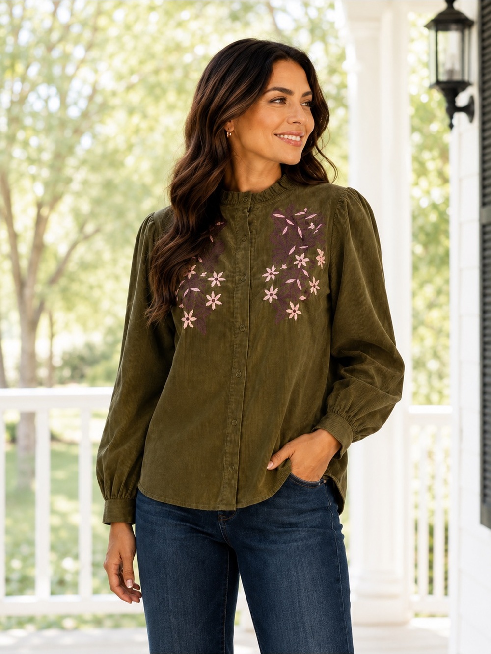 Jodifl The Laurel Corduroy Blouse Olive Floral Button Front (Multiple Sizes)